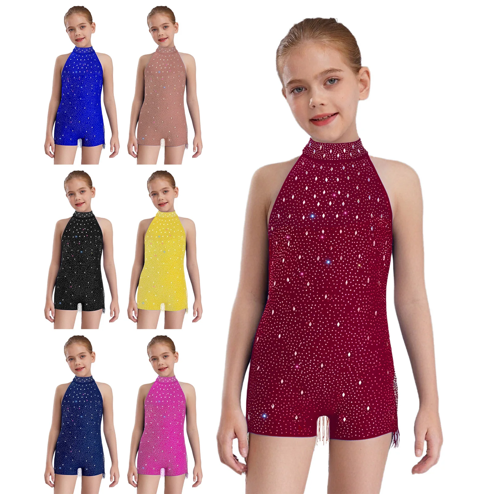 # Jumpsuit Latin Jazz untuk Anak Perempuan Usia 6-16 Tahun, Model Halter Tanpa Lengan dengan Rumbai dan Berhias Berlian Imitasi, Bodysuit untuk Pertunjukan Waltz