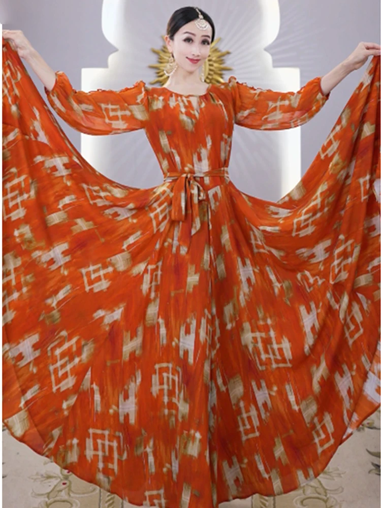 

Платье с принтом 2021, индийские танцевальные костюмы для женщин, большое свободное платье для танца живота, одежда для танца Болливуда, сценическая одежда DQL11354