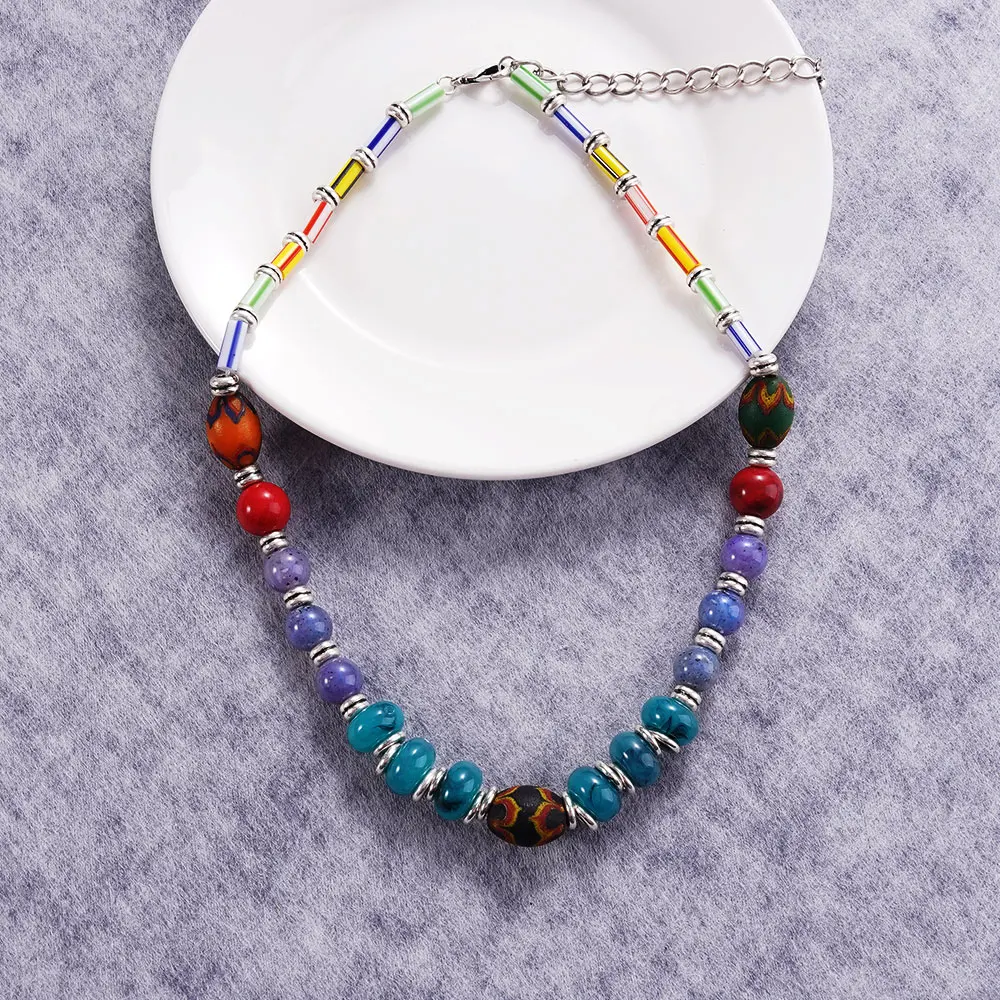 

Colored Bead Necklace Handmade Crystal Beads Multi-Colored Bead Decorations Collarbone Chains Fashionable Jewelry