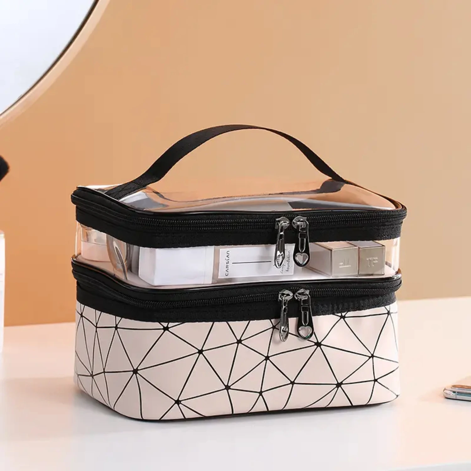 Portable Clear Waterproof Makeup Bag Organizers with Double Layer Design for Travel, Zippered Cosmetic Tote Bag Makup bag Mirror