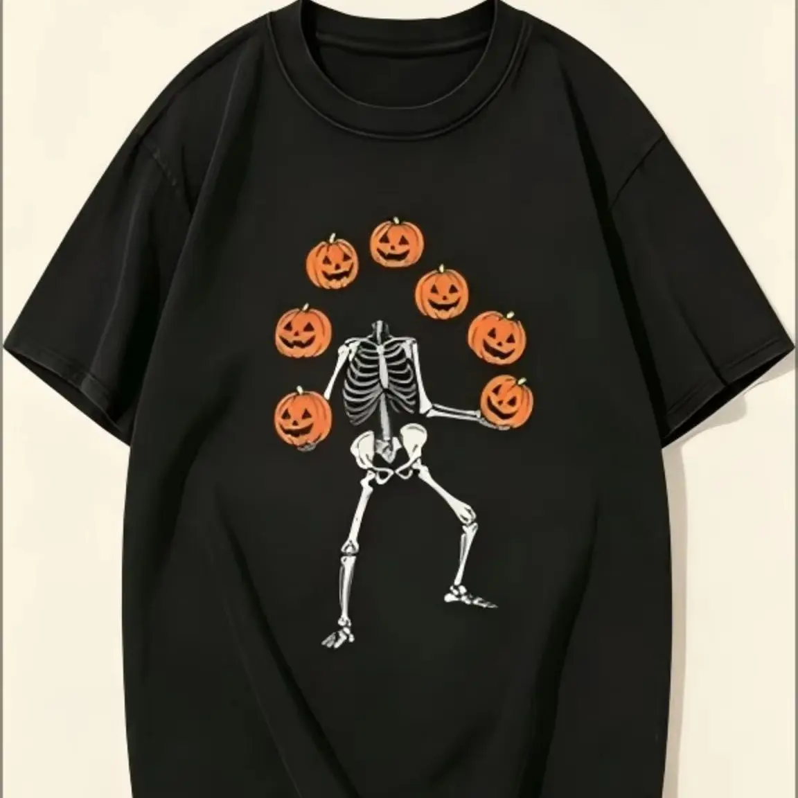 Halloween Skeleton Juggling Pumpkin Graphic T‑Shirt, Fun Fall Holiday Art Print Tee, Casual Short Sleeve Top for Party Daily