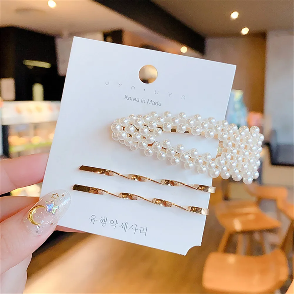 Simple Pearl Rhinestone Metal Hairpin Geometric Flower Gold Color Hair Clip Bangs Side Barrette Hair Accessories Headwear