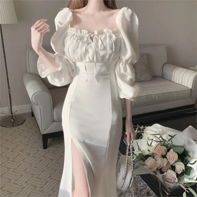 Autumn New Bodycon Midi Dresses for Women Puff Sleeve Square Collar High Split Office Lady Korean Fashion Evening Party Dress