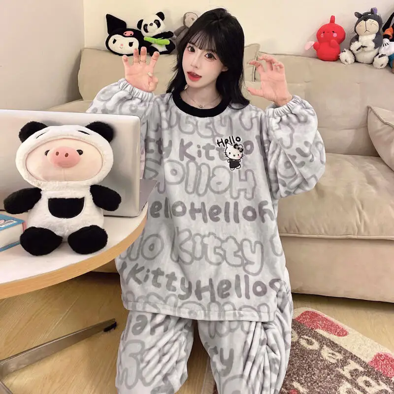 

Sanrio Hello Kitty коралловый бархатный пижамный халат, зимний бархатный утолщенный фланелевой комплект спального платья средней длины с капюшоном, домашняя одежда