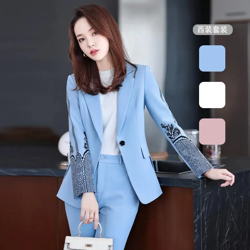 

IZICFLY New Style Spring Summer High Quality Blue Floral Elegant Business OL Women Pant Sets With Blazer 2 Piece Work Wear