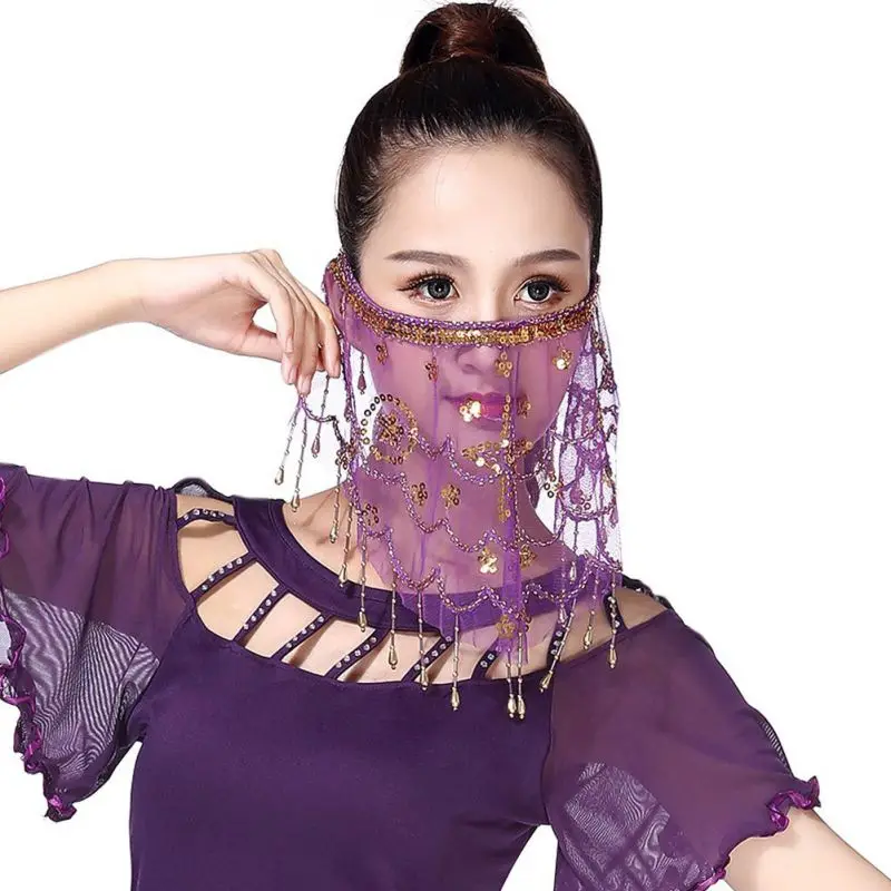 Belly Dance Dancing Face Mask Women Belly Dance Face Veil With Sequins Beautiful Voile Wrap Scarf Perform Accessory