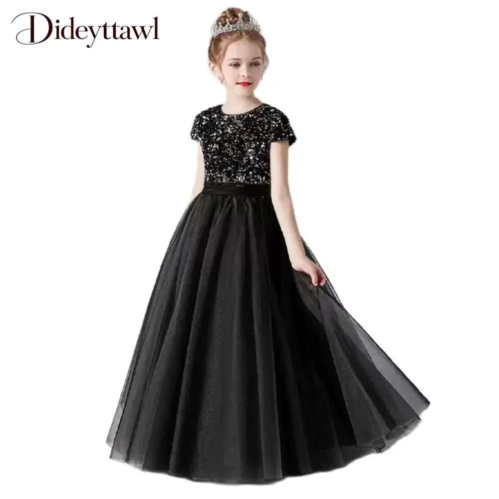 Dideyttawl Customized Sequin Cute Flower Girl Dresses  Wedding Birthday Concert Party Gown Short Sleeve First Communion Princess