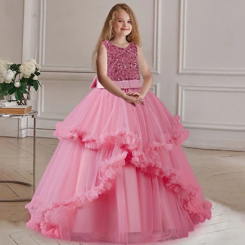 Girl\'s Dress 2024 New Girl\'s Sequin Princess Dress 5-14 Years Old Fashionable Bow Fluffy Dress Banquet Wedding Flower Girl Dress