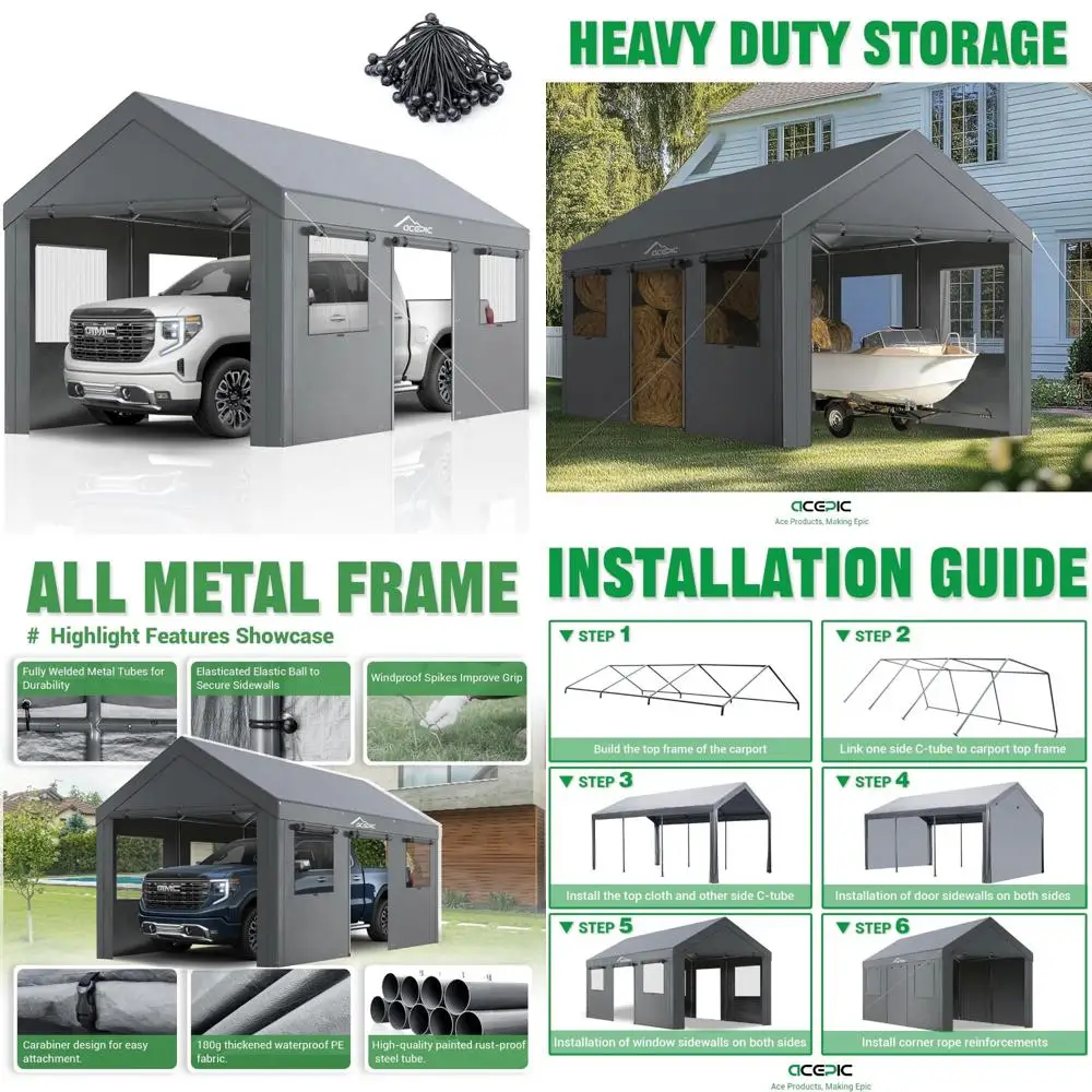 

Carport 10x20ft сверхмощный Carport с подвижными окнами и дверима, портативный гараж с устойчивым к ультрафиолетовому излучению, водонепроницаемым всесезонным излучением