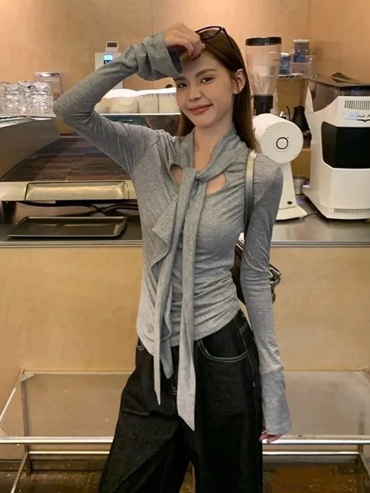 المرأة تي شيرت ضمادة الكشكشة ضئيلة طويلة الأكمام الخريف أزياء خمر مثير أنيقة الصلبة الإناث الأساسية Y2k عارضة المحملة