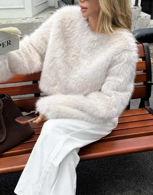 

Y2K Spicy Girl Style Пушистая куртка с длинными рукавами Зимняя новая плюшевая куртка с круглым вырезом на молнии сзади с открытым воротником Женская короткая куртка