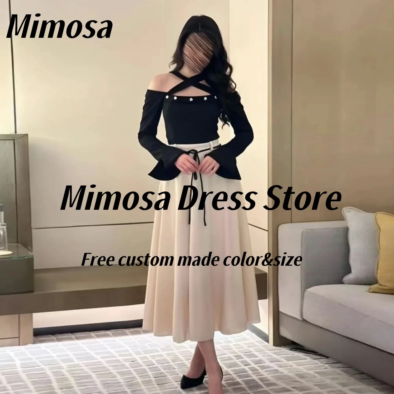 

Mimosa Two Pieces Prom Dresses Criss Cross Neckline Long Sleeves Special Party Dress Tea Length Evening Gowns Customized