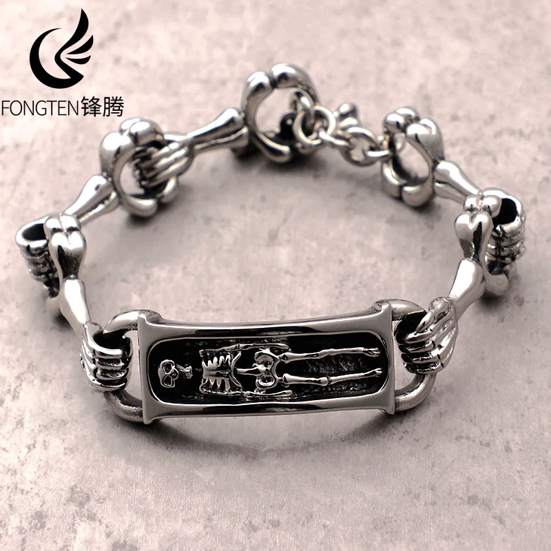 Men Accessories Bd - Fongten ステンレス鋼メンズブレスレット ゴシックスカルデザイン ゴーストハウスファッションジュエリー パーティー ハロウィンギフト