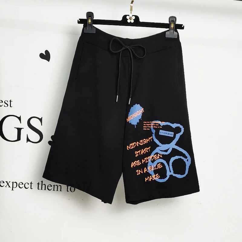 

Fashion Bear Letters Printed Knit Shorts Women Summer New Elastic Waist Thin Section Casual Loose Wide Leg Shorts s206