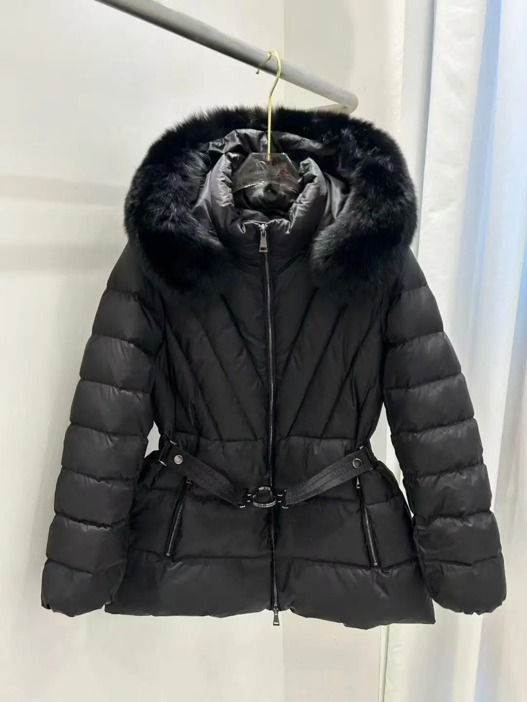 Ladies Luxury  Fur Collar Hooded down Jaet Mid-Length Waist-Cinching Faionable Outerwear Korean Sle Commute Wind