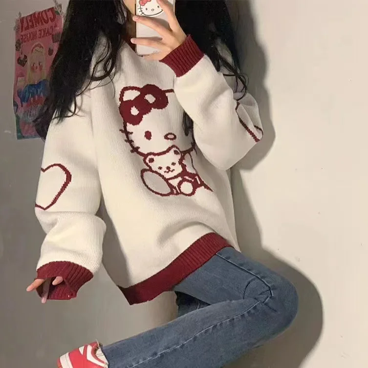 Sanrio Hello Kitty Red Knitted Pullovers For Female Round Neck Kawaii Anime Harajuku Knitwear Clothes 2000s Tops Women sweater