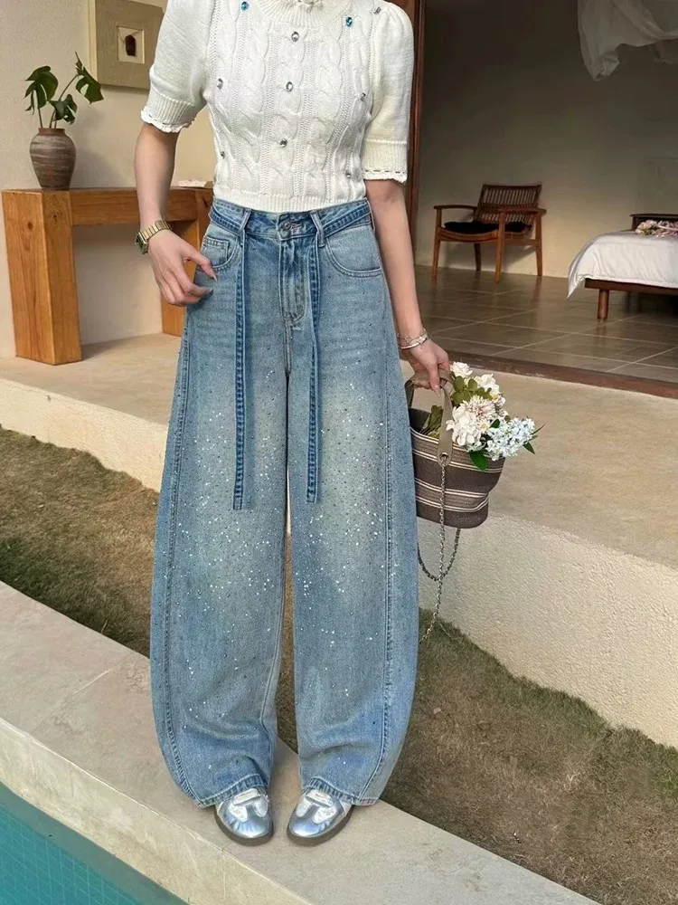 

High Waist Wide Leg Jeans Women's Spring New Style Loose Slimming Diamond Embellished Casual Long Pants Commute Fashion