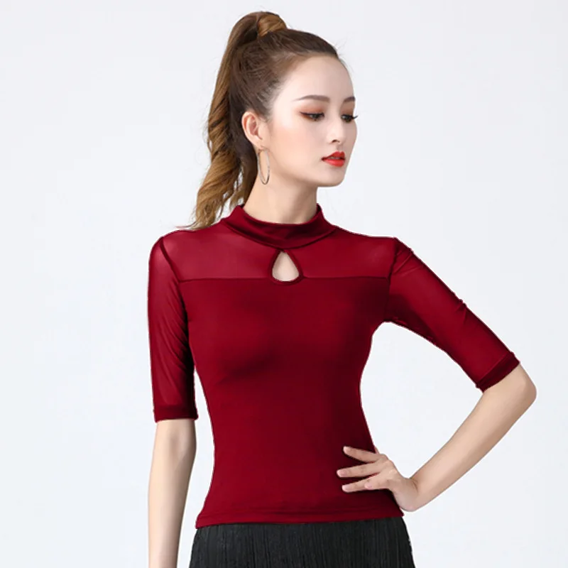 Spring Latin dance practice outfit women's adult ballroom dance top with high collar and New model middle sleeves Stage costumes