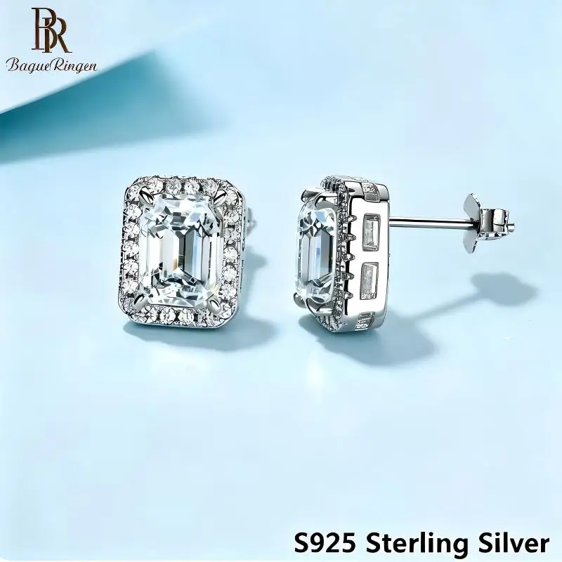 BR S925 Sterling Silver Moissanite Stud Earrings for Women Rectangular Cut Design D VVS1 Exquisite Fine Jewelry
