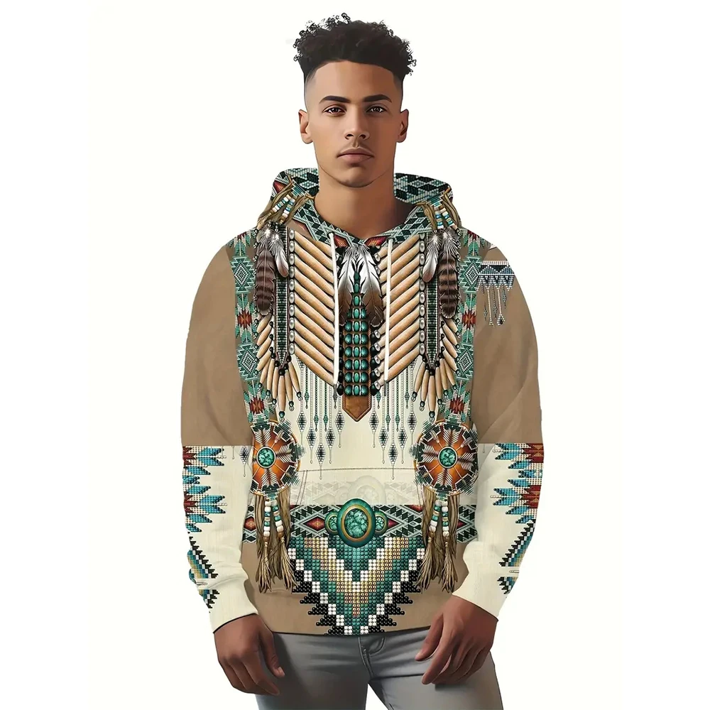 Retro Tribal Totem Print Men's Tracksuit Two-Piece Retro Pullover Fashion Men's Fall/winter Casual Plus Street Sweatshirt