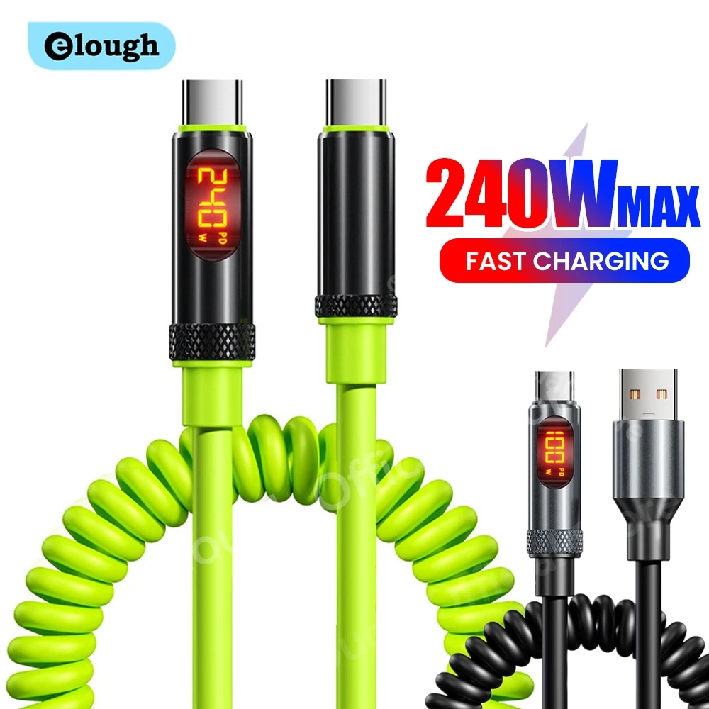 Elough 240/100W USB A Type C To Type C Cable For iPhone 16 15 Huawei PD Fast Charging Car Spring Phone Charger USB C Cable Data