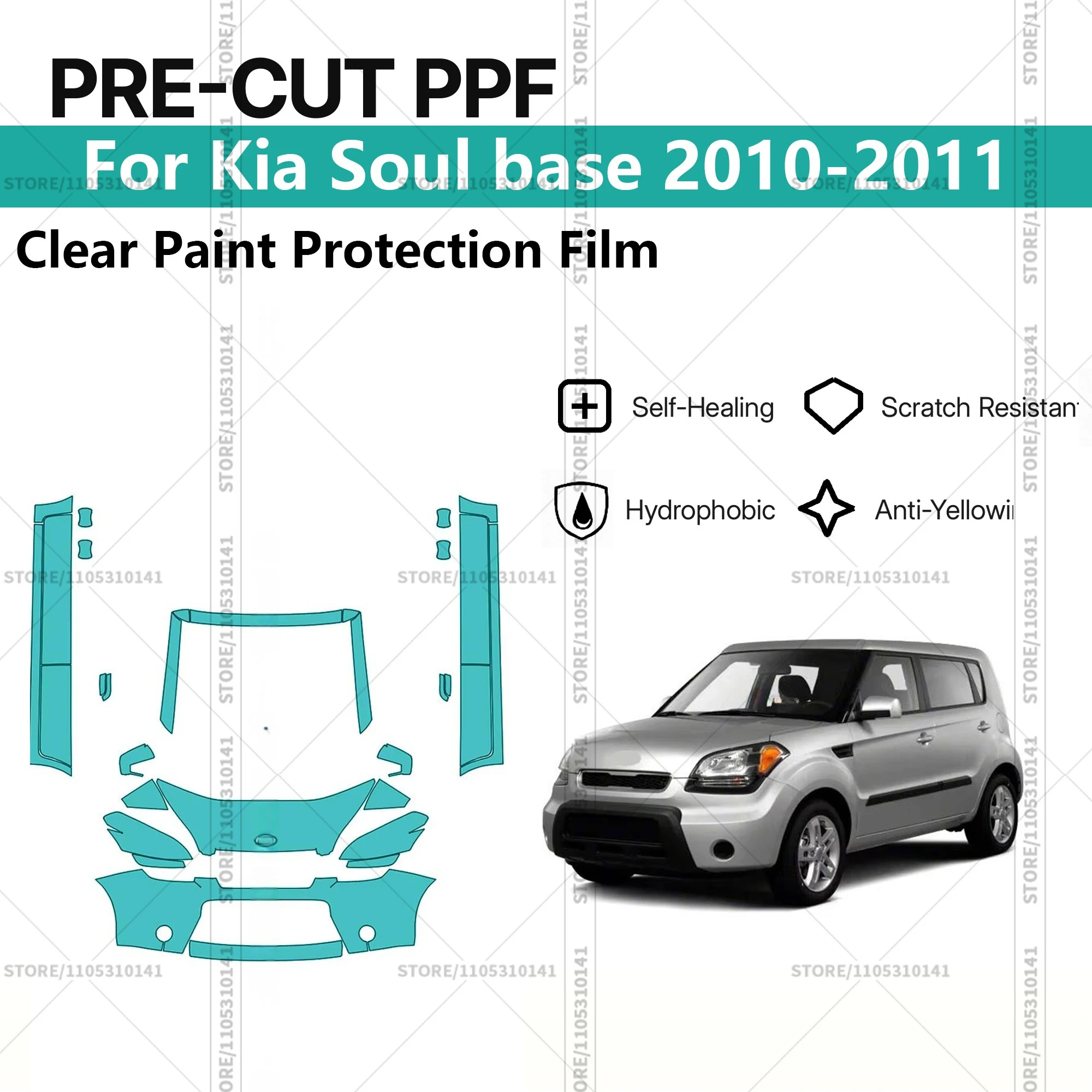 

Для Kia Soul Base 2010-2011: Предварительно вырезанная прозрачная защитная пленка PPF для автомобиля, профессиональный комплект PPF для передней части и порогов.