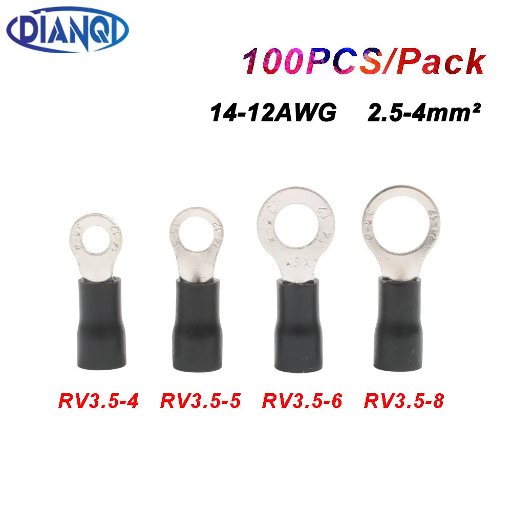 DIANQI RV3 Black Ring insulated terminal Cable Wire Connector suit 2.5-4mm cable Crimp Terminal 100PCS/Pack RV3.5-8 RV