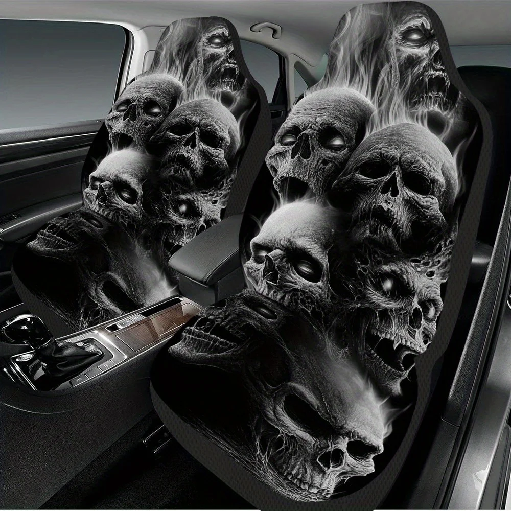 2pcs Halloween Fiery Skulls Print Car Seat Covers | Universal Fit, Polyester, Easy To Install, Enhances Comfort And Style, Ideal