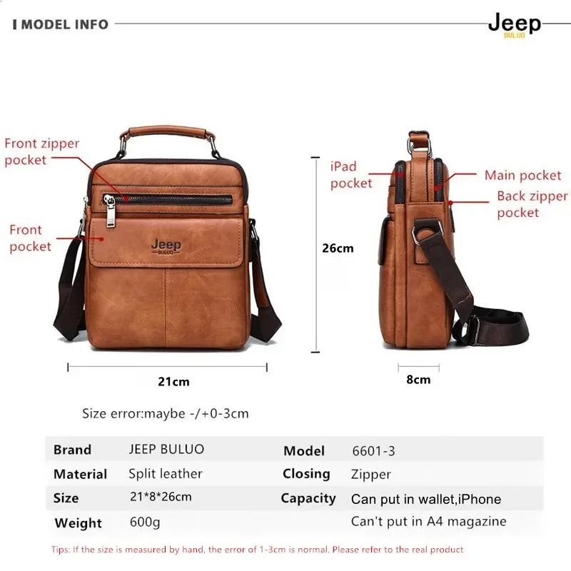 JEEP BULUO Fashion Business Man Messenger Bag High quality Men\'s Crossbody Shoulder Bags Split Leather Handbag