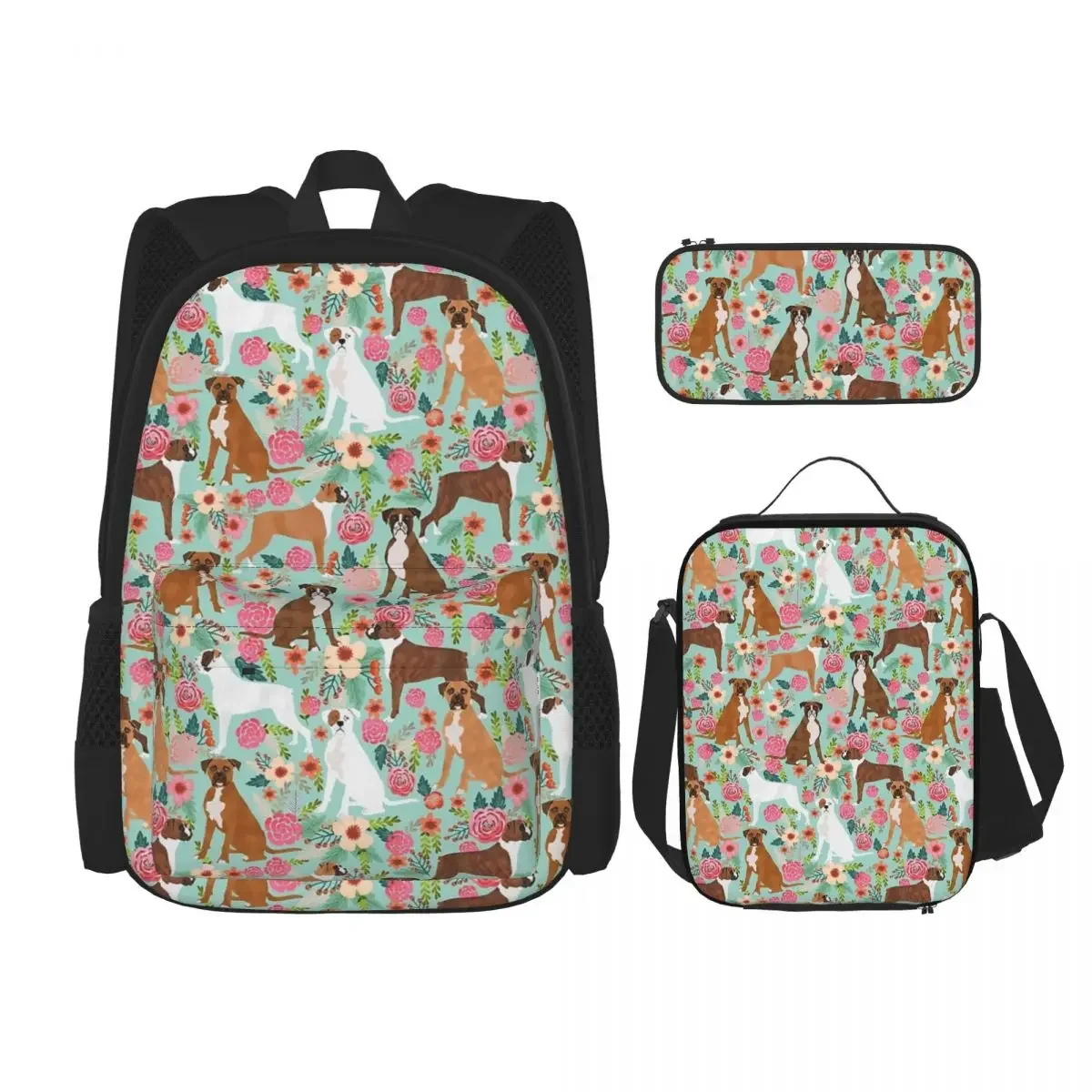 Boxer Floral Dog Breed Gifts Boxer Dogs Must Have Boxers Pet Lover Backpacks Bookbag Rucksack Lunch Bag Pen Bag Three-Piece Set