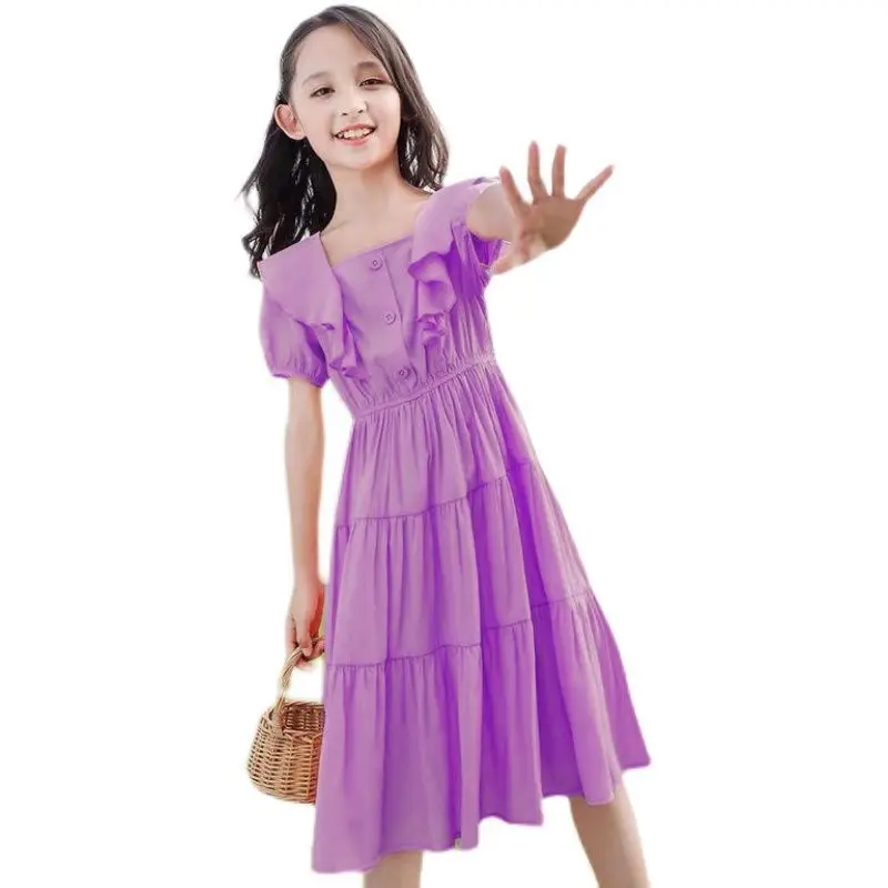 2023 summer princess ruched dress boat neckline short sleeve loose mesh lace kids child toddler teenager 5 6 8 9 10 11 12 years