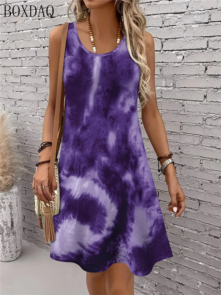 Women's Summer Dress Loose Round Neck Sleeveless Tie Dye Abstract Pattern Printed Casual Dress