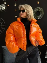 Women Winter Warm Orange Glossy Down Jacket Fashion Stand Collar Single Breasted Zipper Short Coat Chic Lady Street Thick Jacket