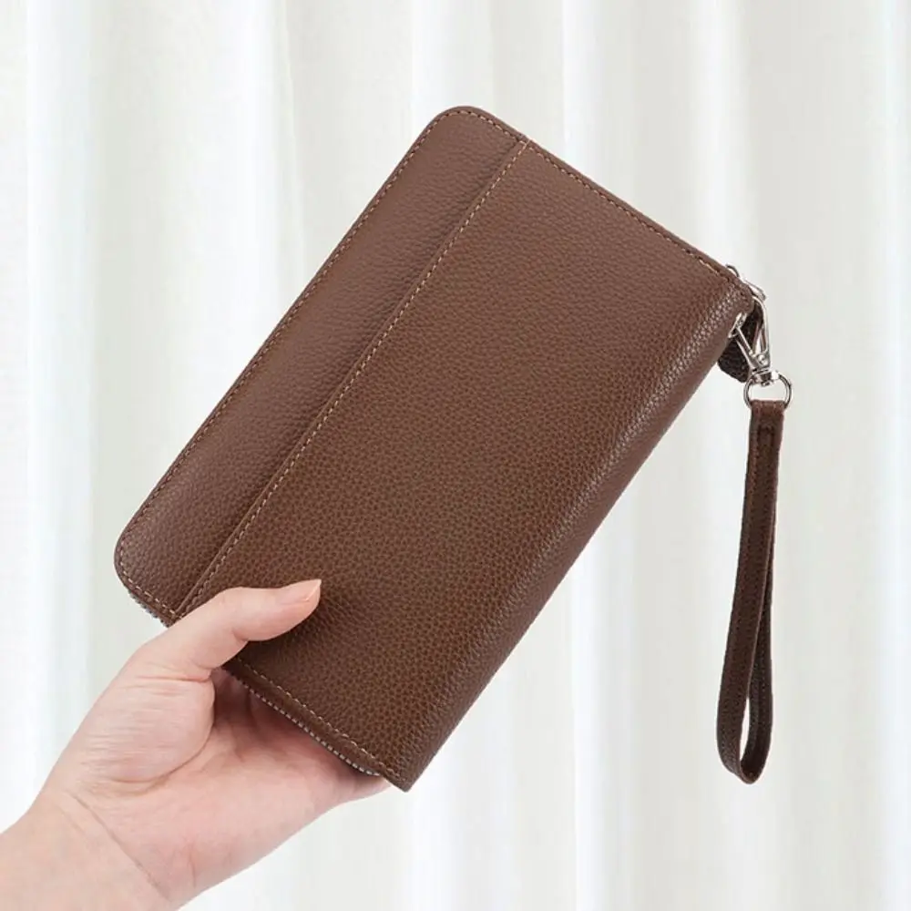 

Fashion Leather Long Wallet With Wrist Strap Large Capacity Multi Card Holder Solid Color Coin Pocket Women