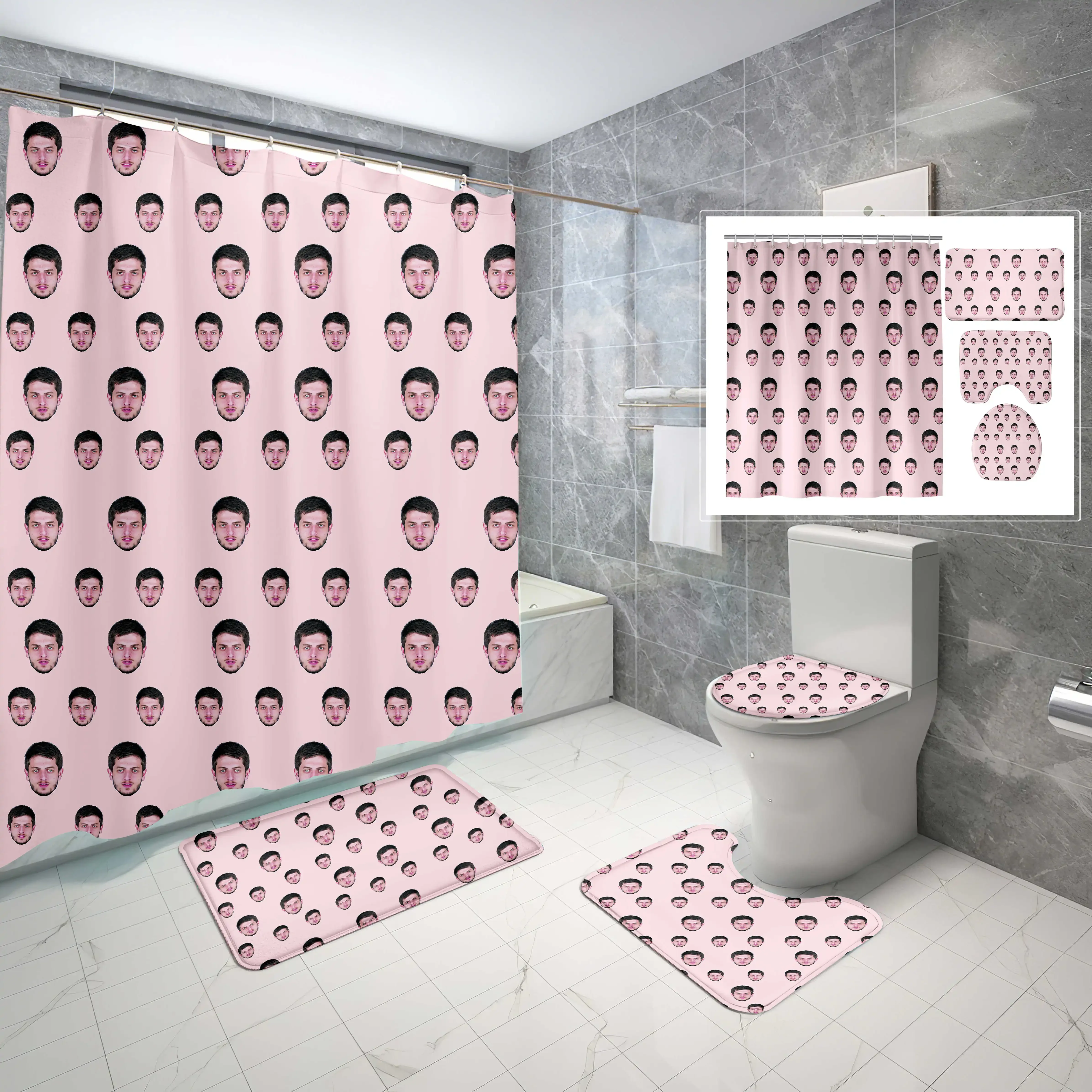 Personalized Human Face Bathroom Set Waterproof Shower Curtain with Hooks Toilet Cover Mat Bath Decor Customized Photo 4Pcs/set