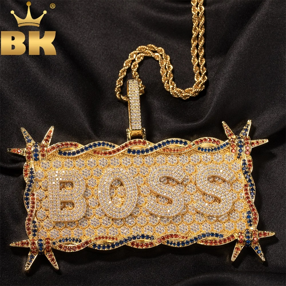 

THE BLING KING Custom Name Letters Square Shape Big Pendant Paved Cubic Zircon Medallion Engrave Name Punk Hiphop Jewelry