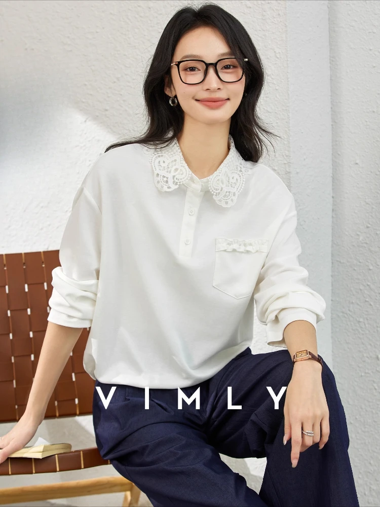 

VIMLY Autumn White Blouses 2025 French Woman Hook Flower Hollow Polo Collar Shirring Hem Button Loose Shirts Women's Tops A1959
