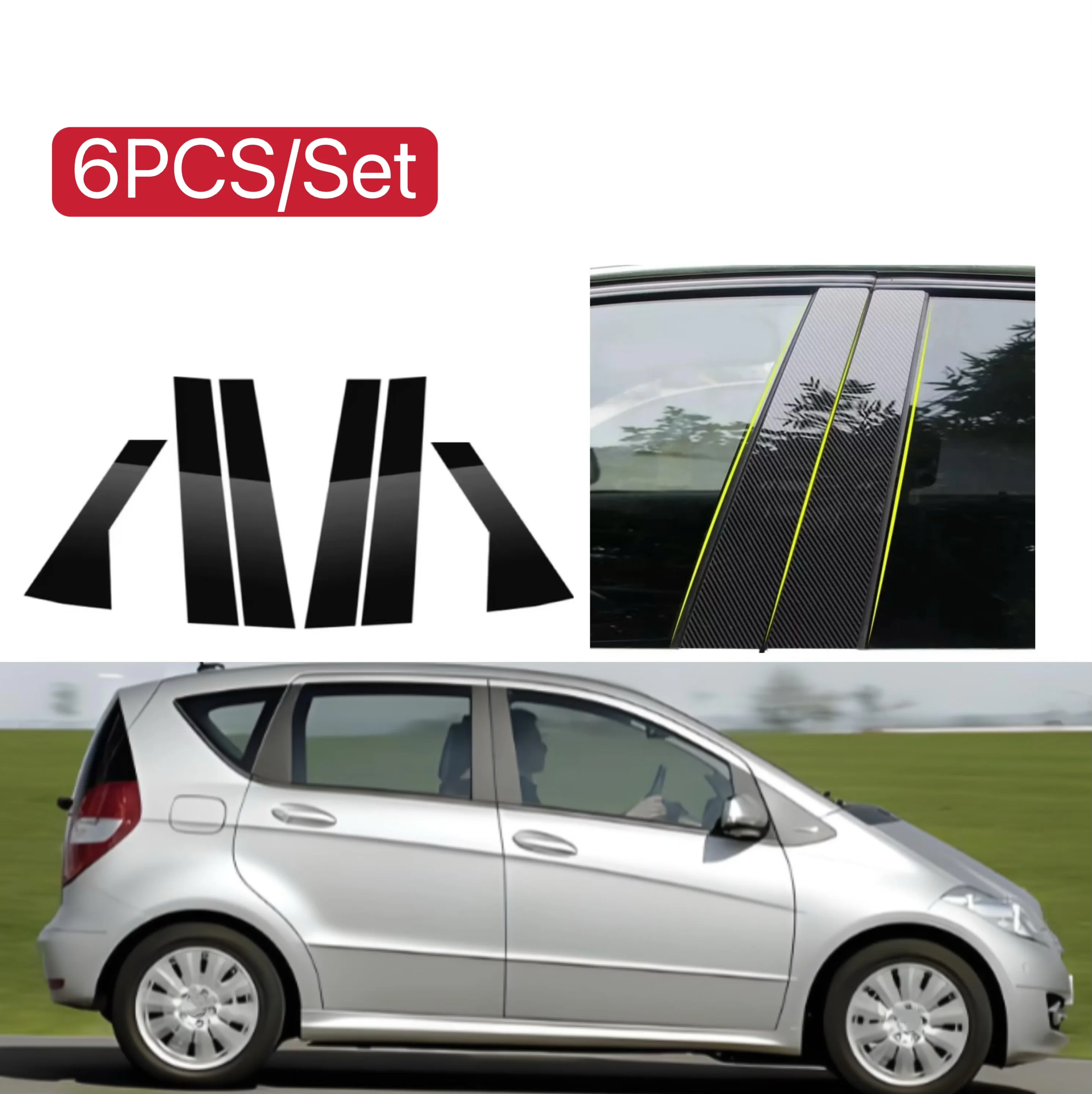 

6pcs Glossy Black Pillar Posts Trim Sticker Fit For Mercedes Benz A Class W169 5-Door Hatchback 2005-2012 Car Window Cover
