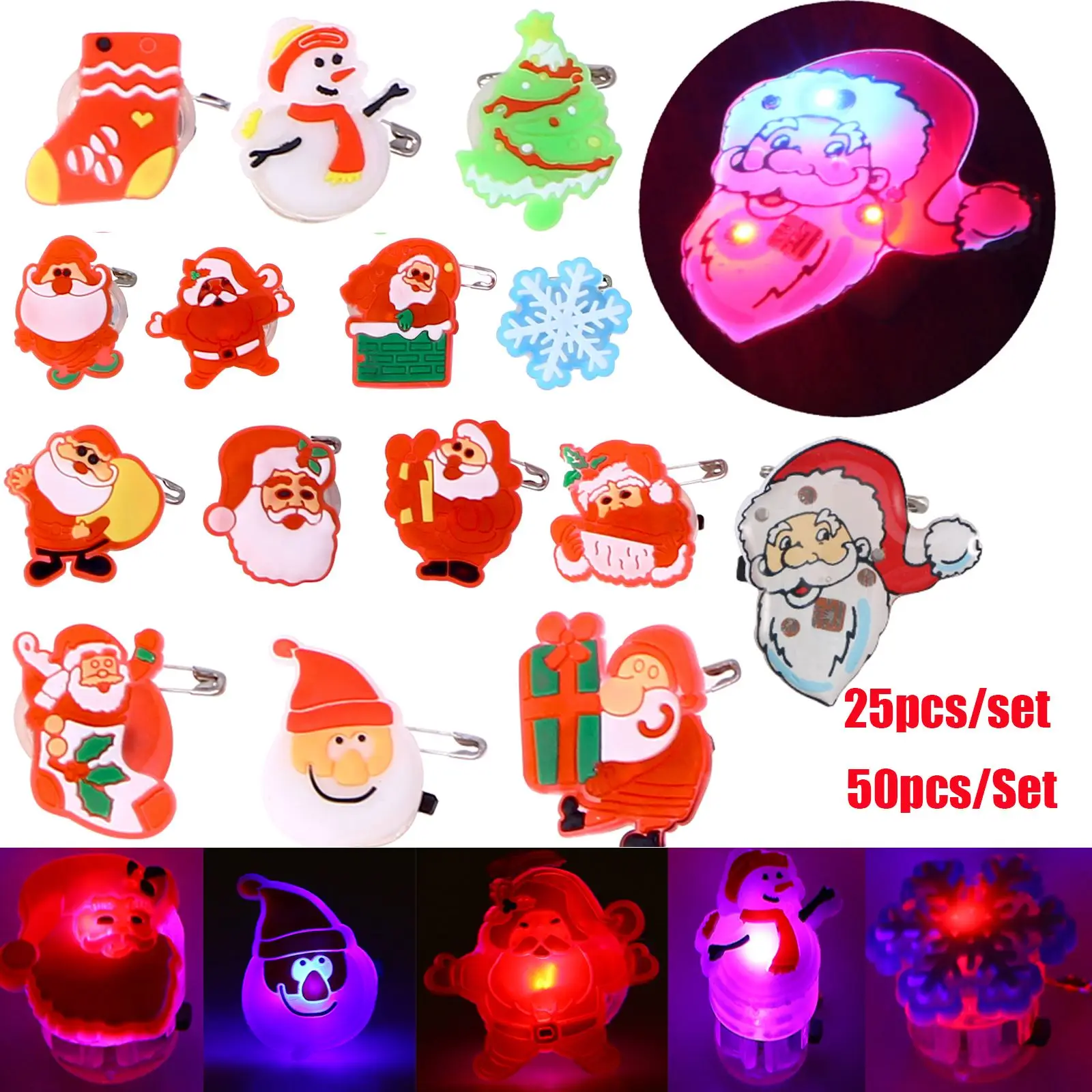 25 шт. значков Санта-Клауса с LED подсветкой, аксессуар для новогодних подарков детям
