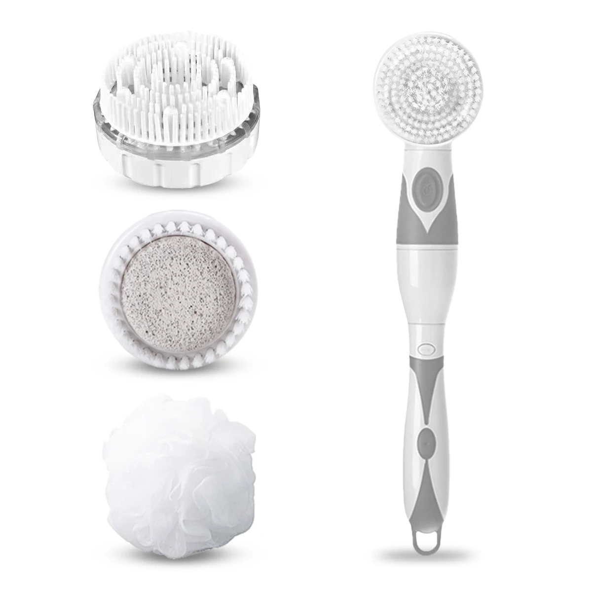 Electric Body Brush with 4 Replacement Heads Battery Operated Long Handle Exfoliating Scrubber IPX6 Waterproof Massaging Bath