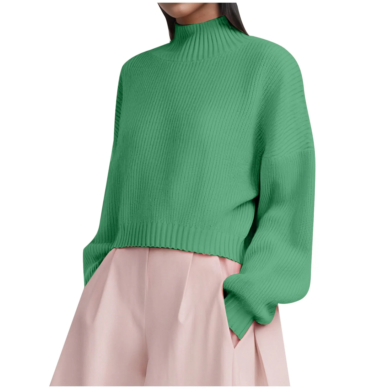 Prendas de punto de Color liso, suéter elegante de cuello alto para mujer, Tops ajustados con cuello medio alto, jersey de punto acanalado de manga larga para mujer