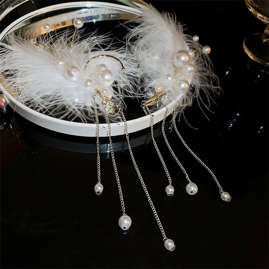 White Feather Pearl Tassel Earrings Female Non-pierced Earrings Ear Bone Clips Ear Clips Trendy Elf Earrings Aesthetic Earrings