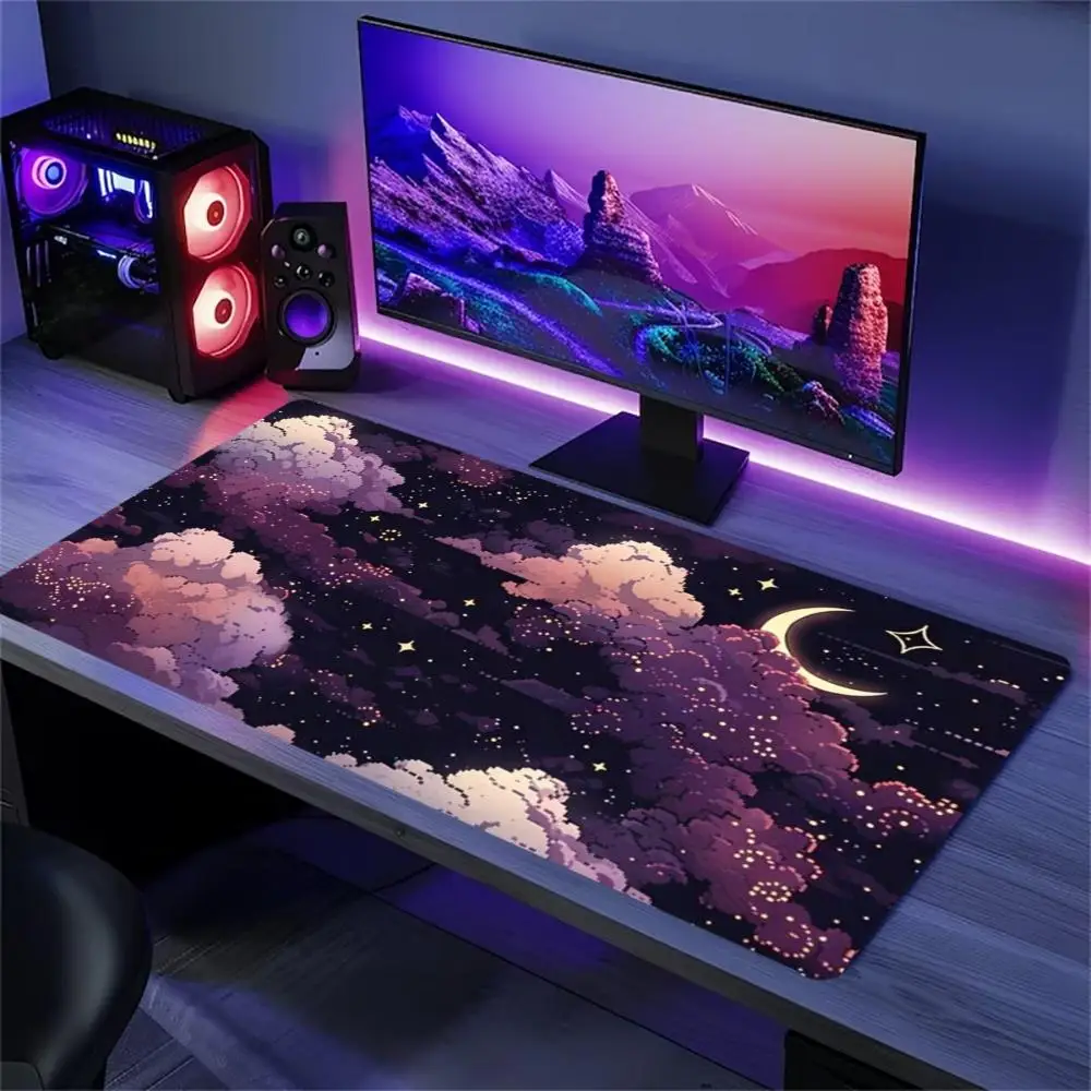 Gaming Mouse Pad Purple Cloud Starry Moon Sky Large Desk Mat Non Slip Rubber Lock Edge Extended Keyboard Computer Laptop Office