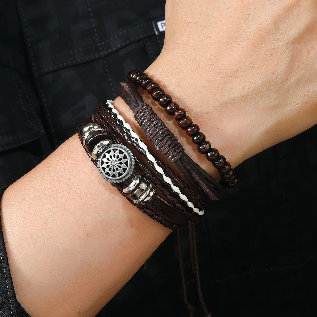 Leather Bracelet Men Multi Layer Woven Bracelet with Wooden Beads PU Leather Drawstring Pull Cord Bracelet Sunflower Jewelry