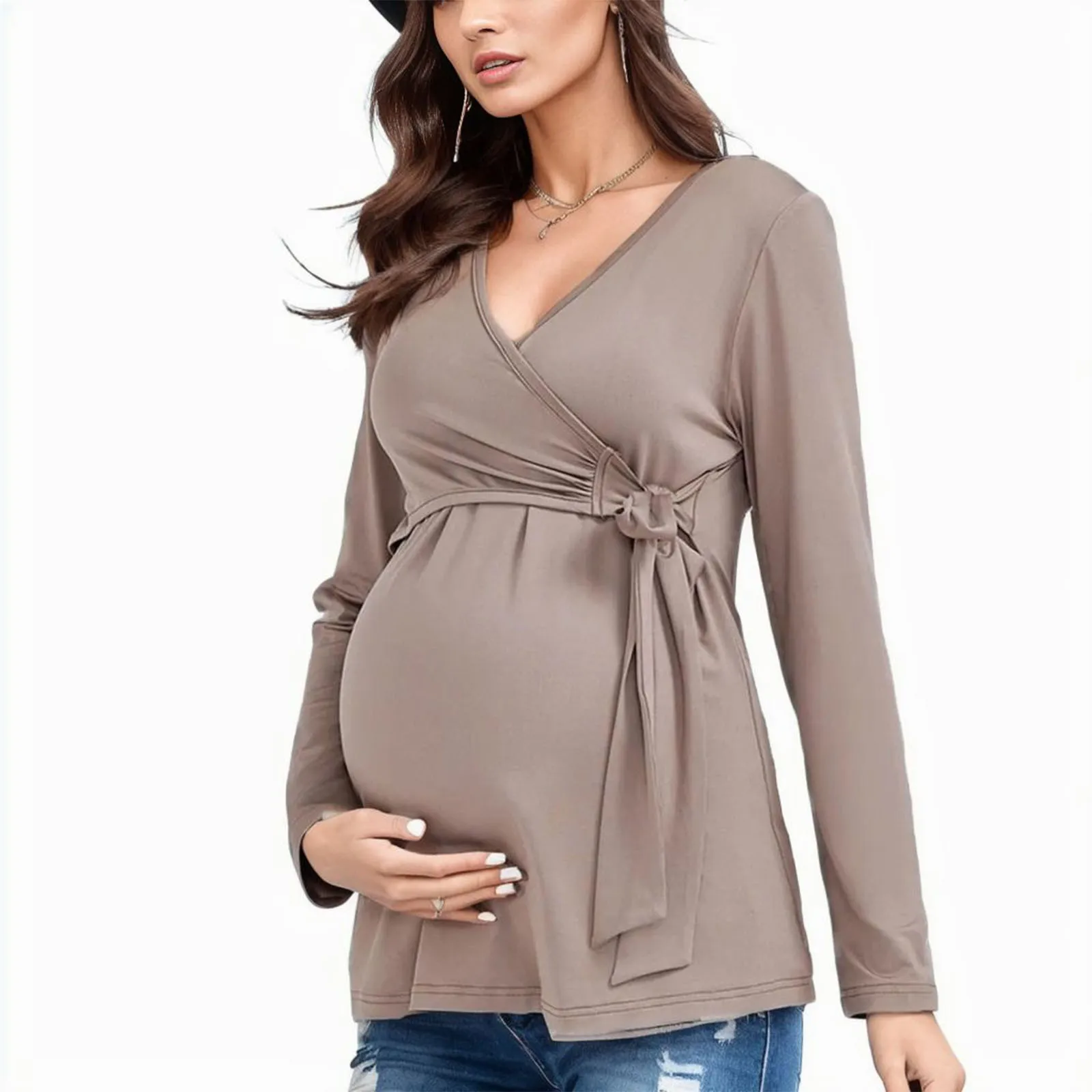 

Women's Maternity Shirt Long Sleeve V-Neck Pregnancy Nursing Tops Adjustable Waist Tie Front Wrap Pregnant Breastfeeding Clothes