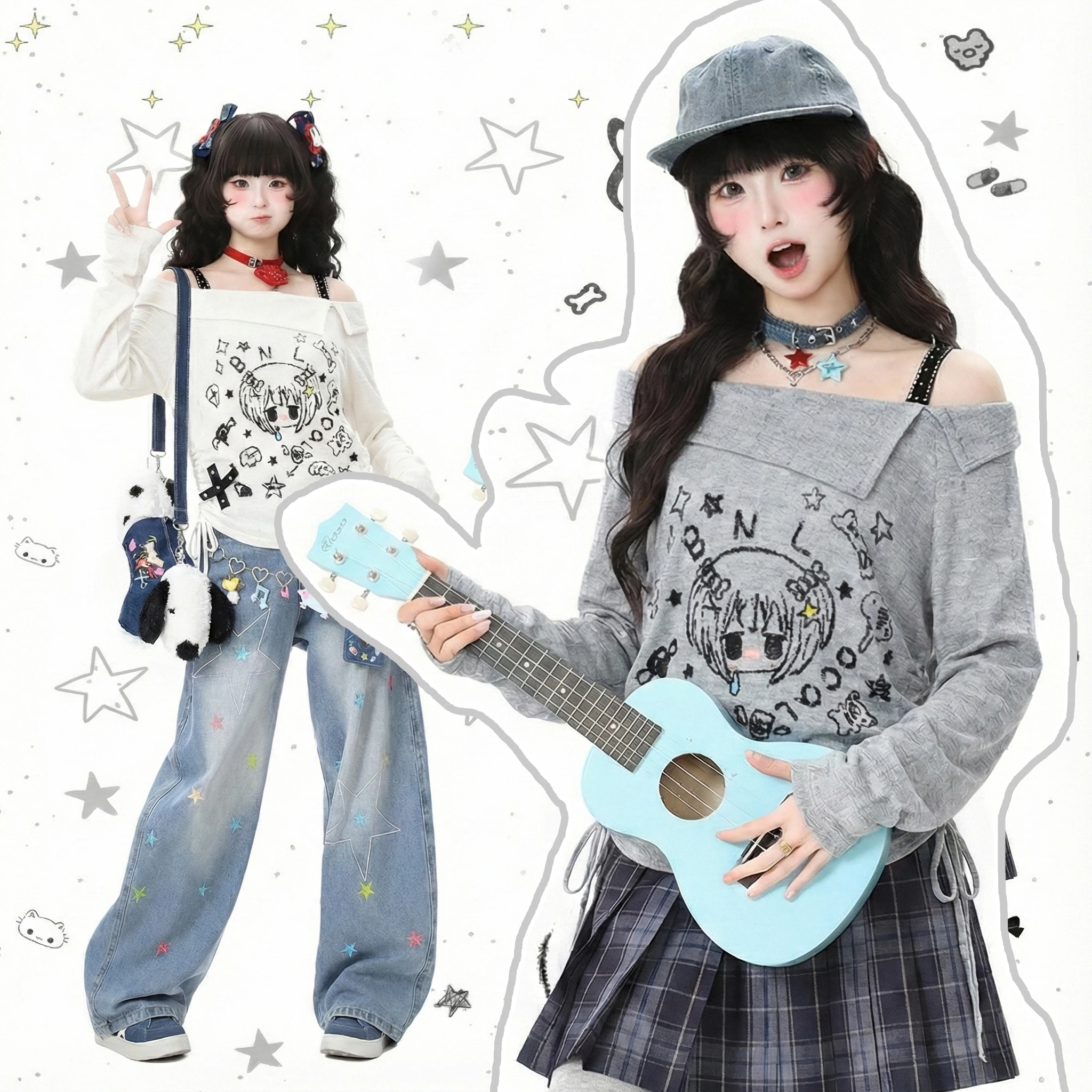 Japanese Y2K Punk Women Kawii Anime Print Top Off-Shoulder Long Sleeve Subculture Harajuku Sweet Girl Streetwear Spring Autumn