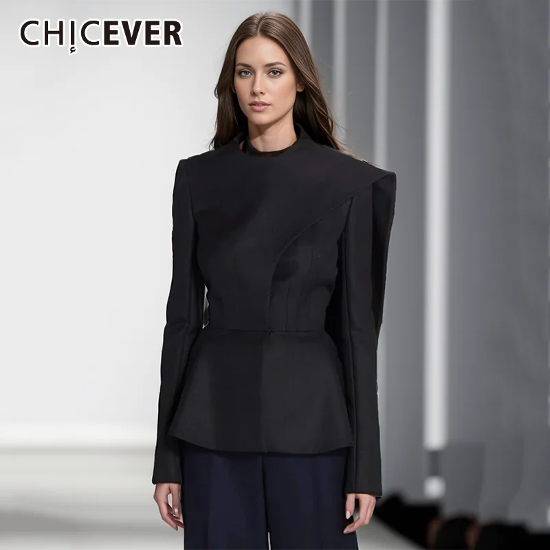 

CHICEVER Asymmetrical Shawl Elegant Coat For Women O Neck Long Sleeve Temperament Solid Slimming Blazer Female Autumn Clothing