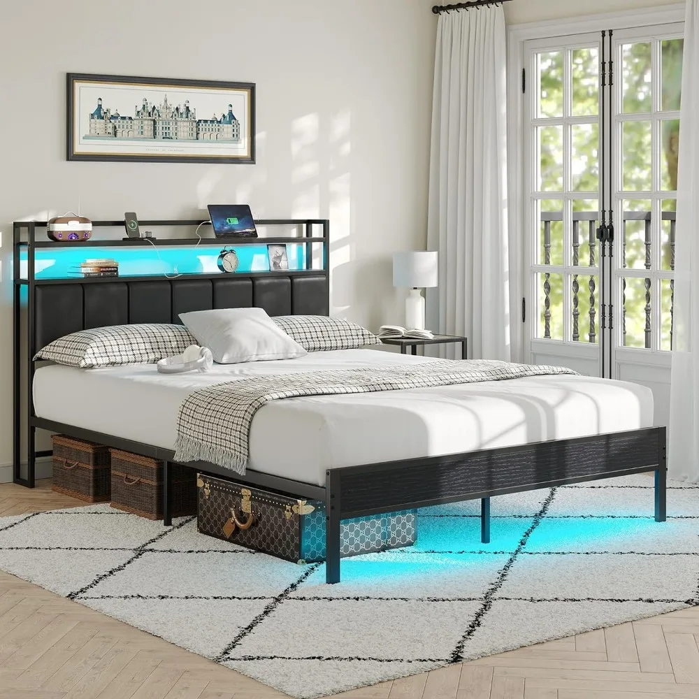 

Full Size Bed Frame with Headboard, Metal Bed Frame with Charging Station and LED Lights, Heavy Duty Bed with Storage Shelves