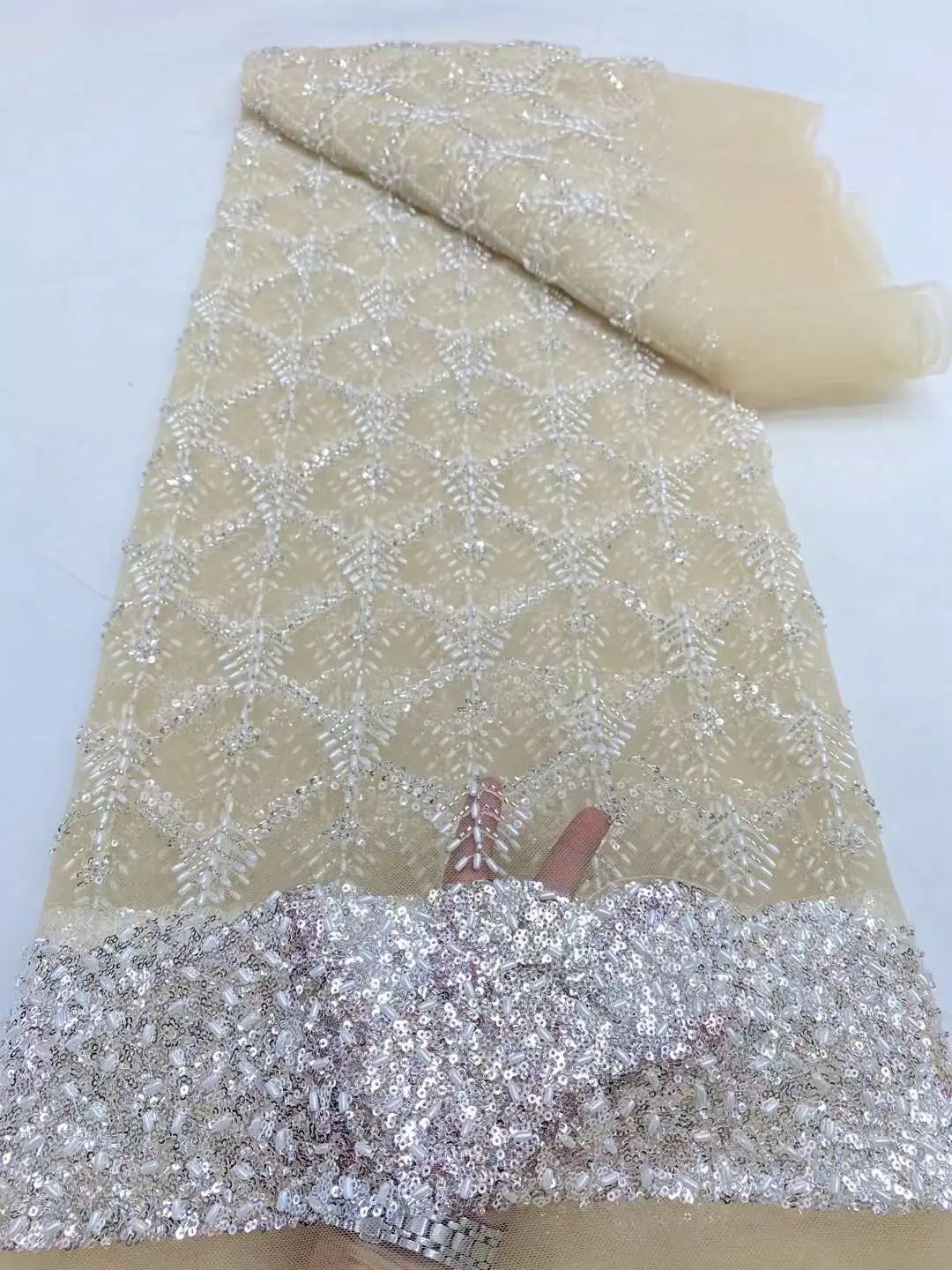 Shiny French tulle lace fabric with beads and sequins 5 yards per lot for DIY Apparel Sewing DPW-2503