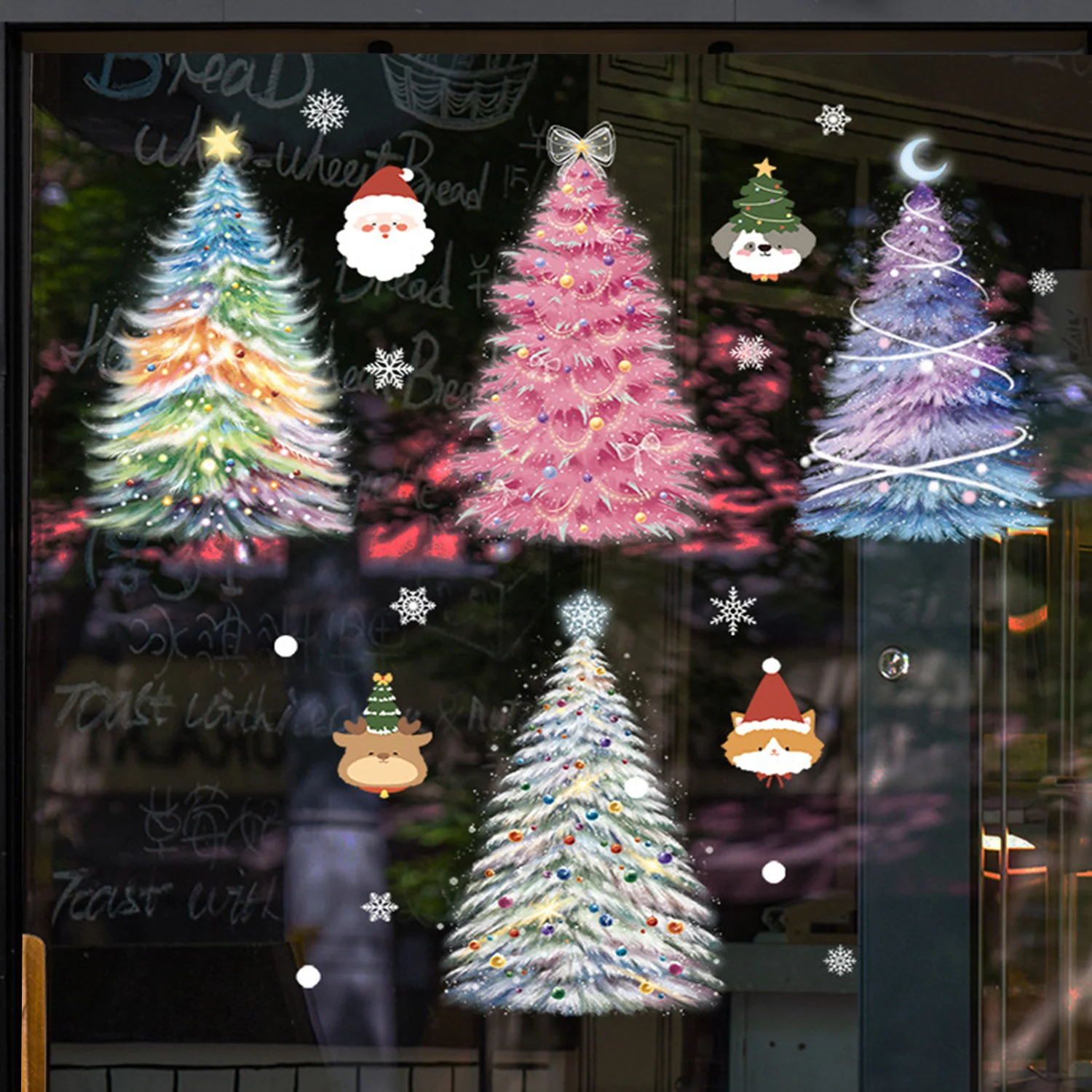 Fluorescent Color Christmas Tree Stickers Crayon Drawing Xmas Tree Window Glass Stickers Merry Christmas Decor Happy New Year